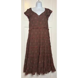 Sundance Maple Brown Floral Tiered Midi Dress Size XSMALL Boho
